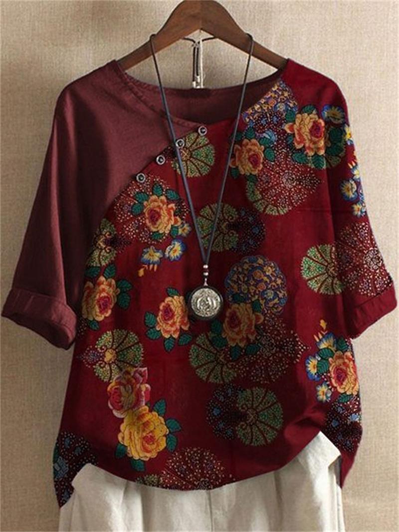 T-shirt floral button-up short-sleeve for women